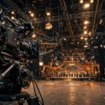 Film dance set in a Mumbai studio, with a camera in the foreground and distant dancers on a lit stage.