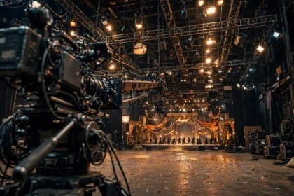 Film dance set in a Mumbai studio, with a camera in the foreground and distant dancers on a lit stage.