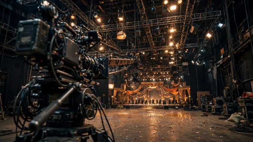 Film dance set in a Mumbai studio, with a camera in the foreground and distant dancers on a lit stage.