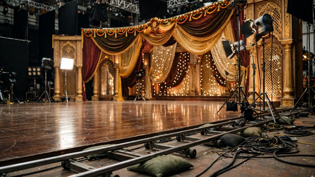 Empty film dance set with lights and camera track in a Mumbai studio.