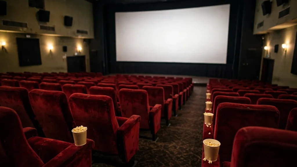 Empty cinema hall with red seats facing a blank screen ahead of King release on December 24.