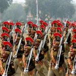 Delhi Police personnel marching in formation on a parade ground. Image generated from a real reference photo (Antonio Milena / Wikimedia Commons, CC BY 3.0).