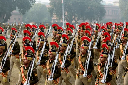Delhi Police personnel marching in formation on a parade ground. Image generated from a real reference photo (Antonio Milena / Wikimedia Commons, CC BY 3.0).