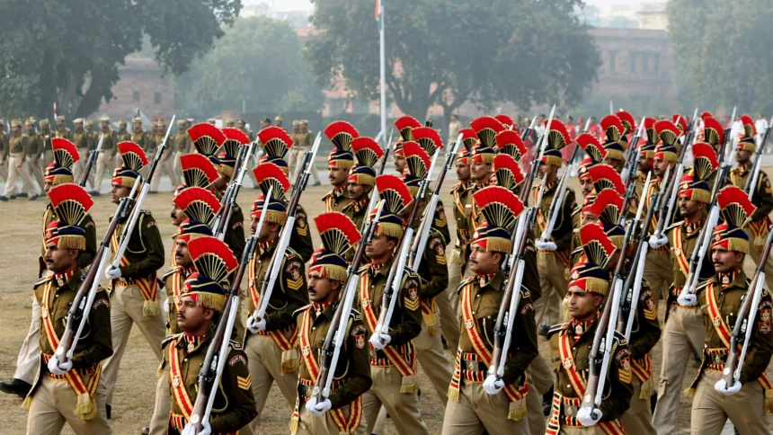 Delhi Police personnel marching in formation on a parade ground. Image generated from a real reference photo (Antonio Milena / Wikimedia Commons, CC BY 3.0).