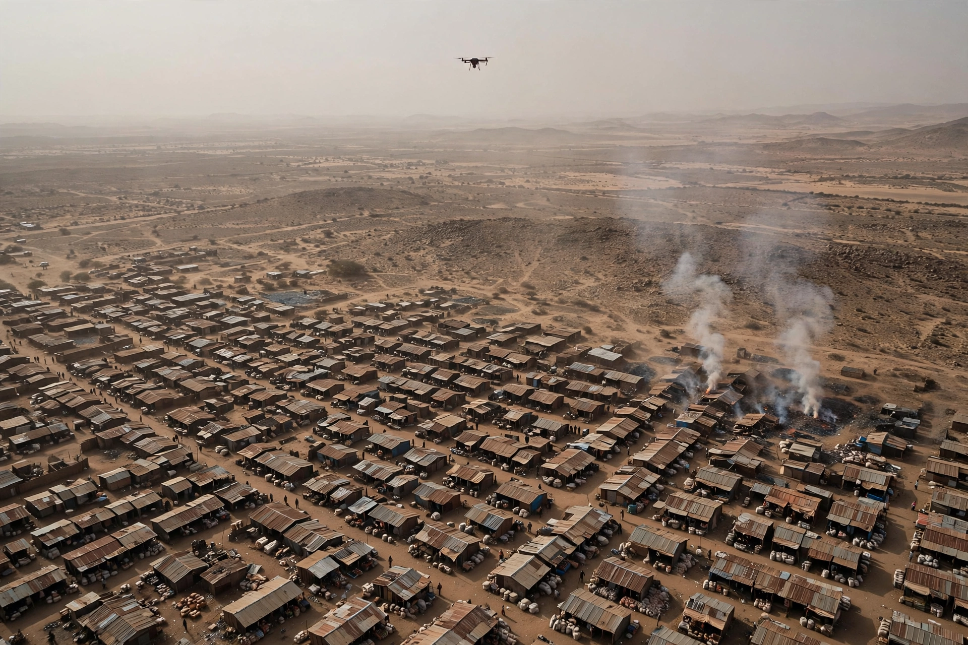 A drone hovers over a sprawling African market town with smoke rising from damaged structures