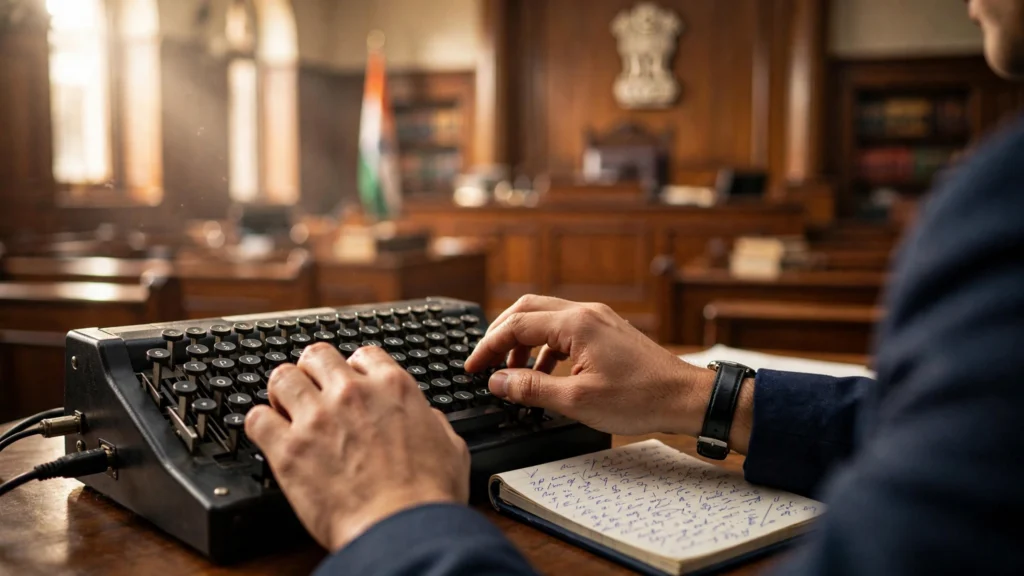 A court stenographer taking notes in an Indian courtroom.