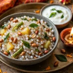 A bowl of sabudana khichdi served on a festive Navratri thali with a lit diya