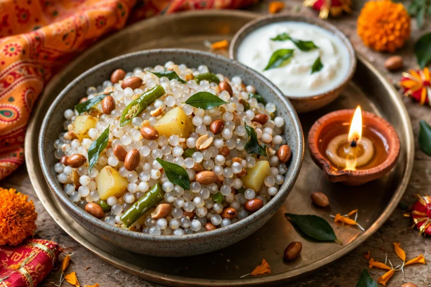 A bowl of sabudana khichdi served on a festive Navratri thali with a lit diya