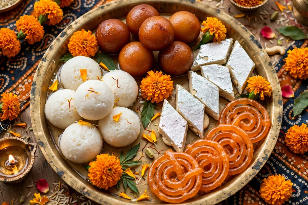 Assorted Indian festive sweets on a brass thali