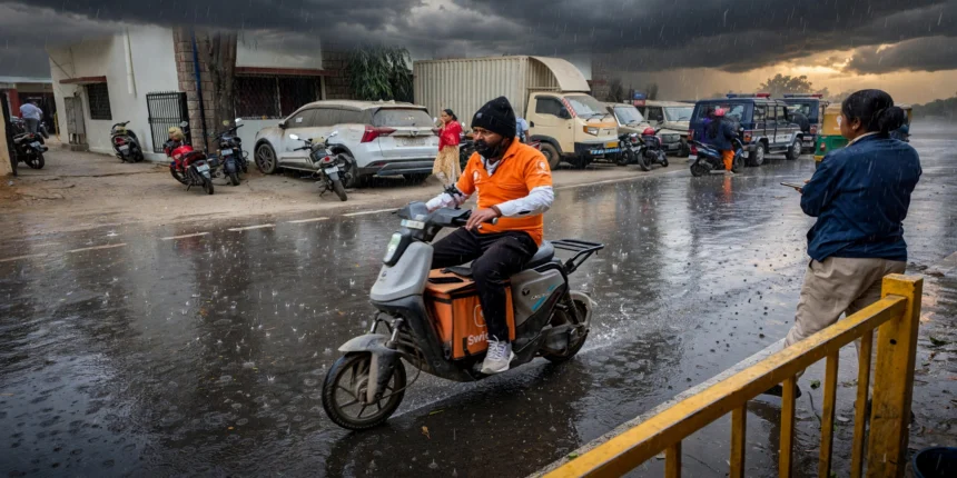 Swiggy delivery partner (photo: SerChevalerie / Wikimedia Commons; background composite)