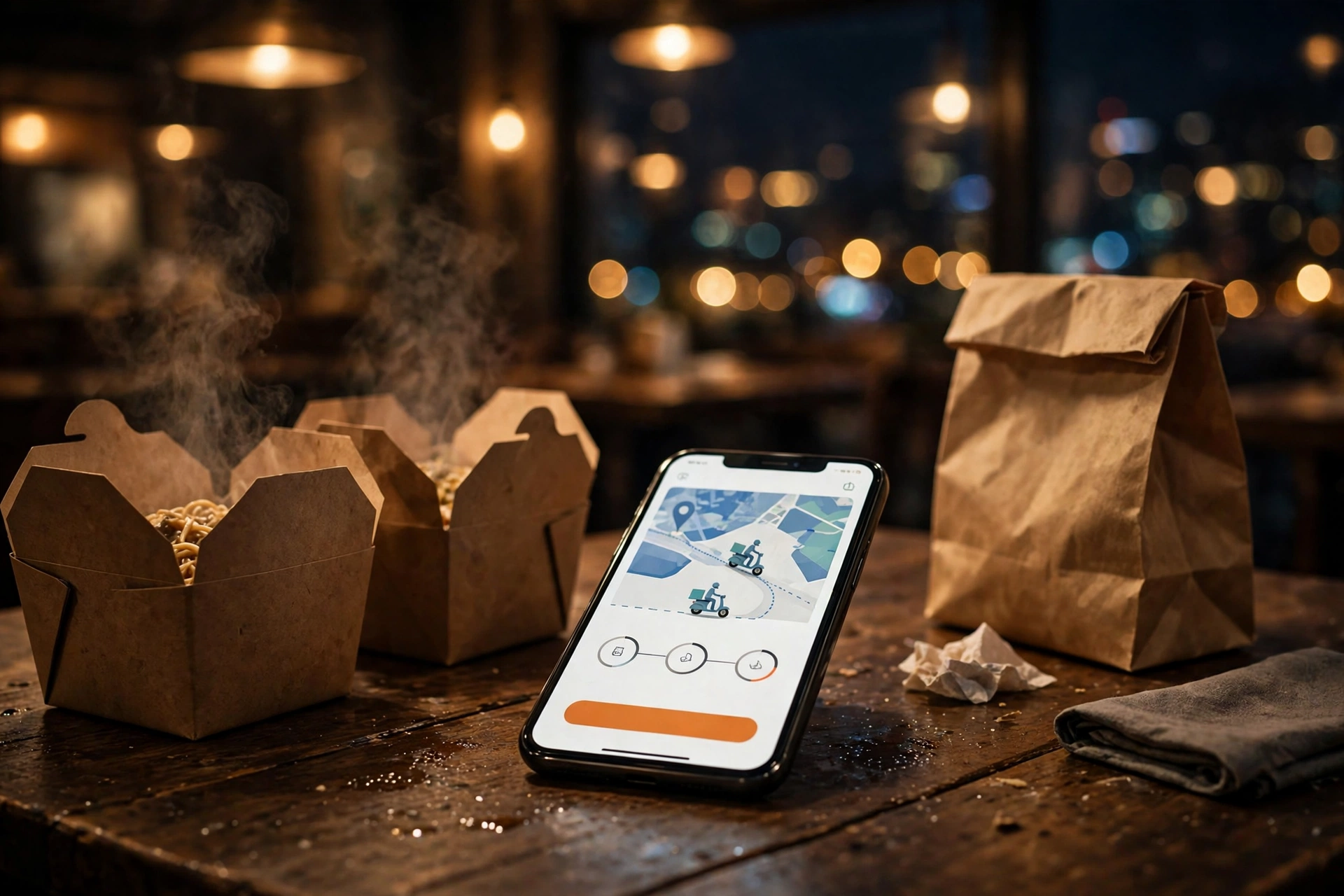 A smartphone showing a food delivery app with takeaway boxes on a restaurant table at night, illustrating Swiggy's Q2FY27 results.