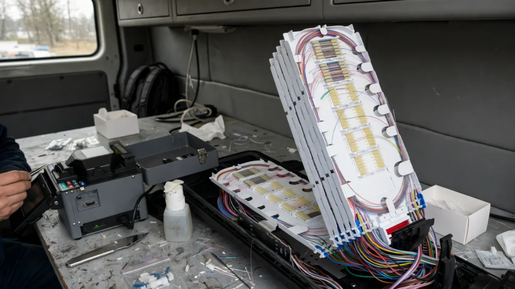 Fibre optic splicing trays and splicing equipment on a workbench