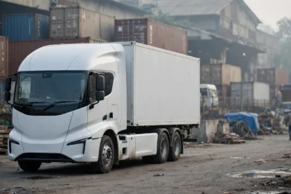 An electric container truck at a logistics hub, representative image.