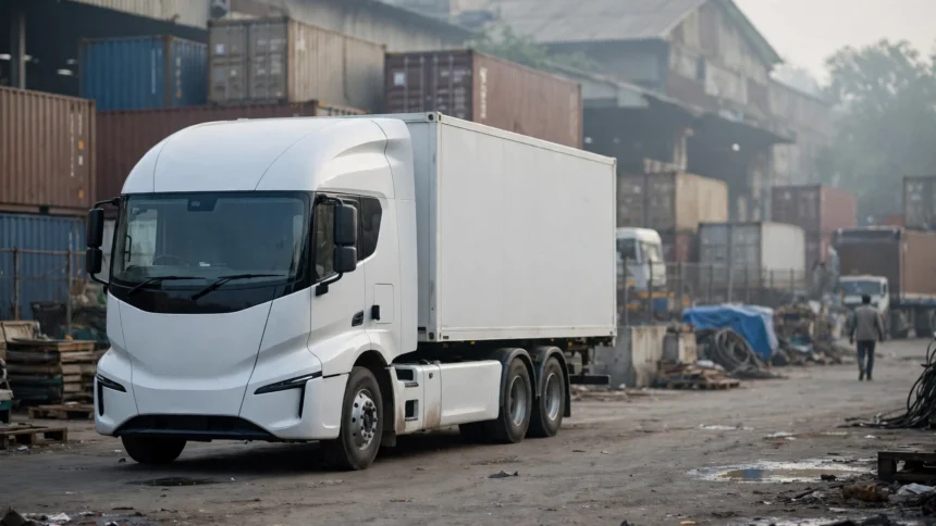 An electric container truck at a logistics hub, representative image.