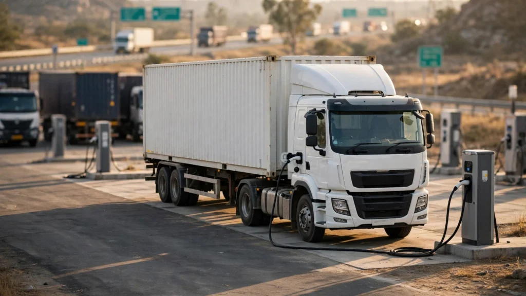 An electric container truck charging at a highway charging yard, representative image.