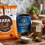 Tata Salt packet and Tata Tea box with pulses jars on a kitchen shelf