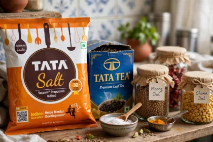 Tata Salt packet and Tata Tea box with pulses jars on a kitchen shelf