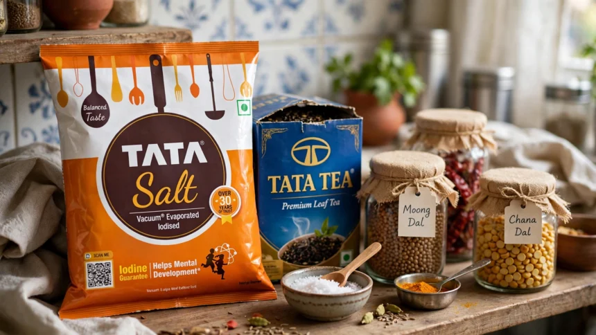 Tata Salt packet and Tata Tea box with pulses jars on a kitchen shelf