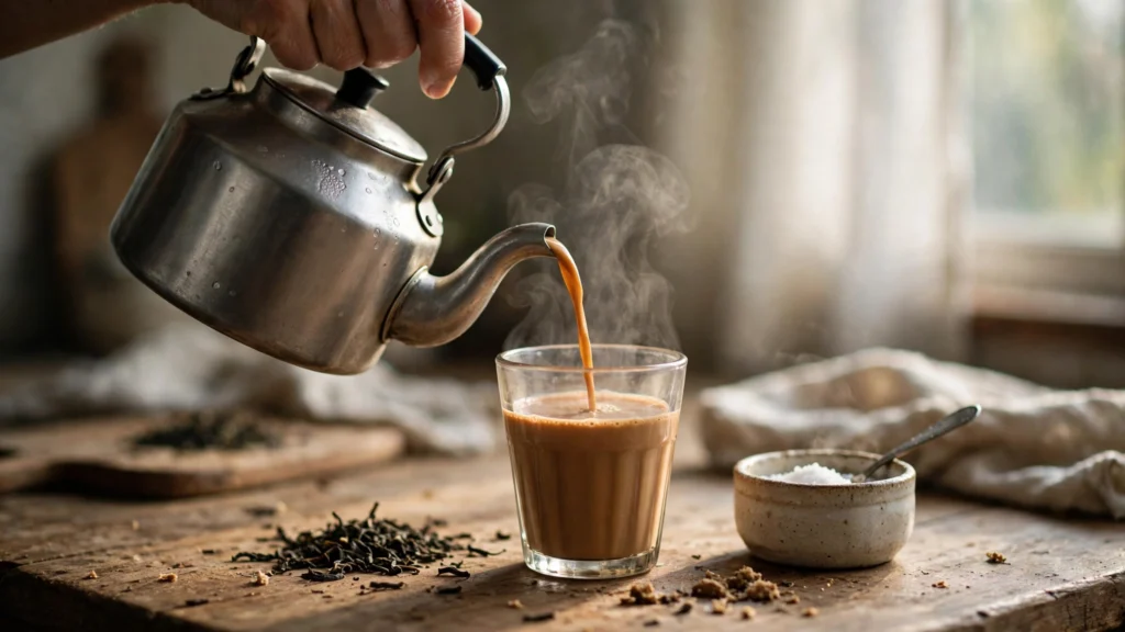 Chai being poured from a kettle into a glass