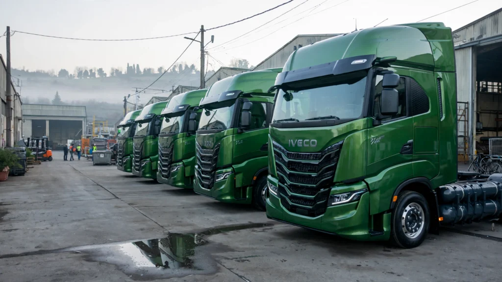 Iveco trucks at a plant yard.