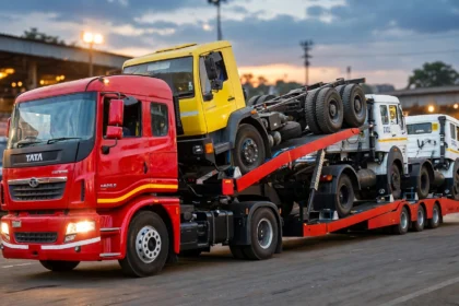 Tata Motors Prima truck at a depot at dusk. Photo: Enthusiast10 / Wikimedia Commons (CC BY-SA 3.0); AI composite.
