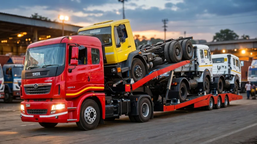 Tata Motors Prima truck at a depot at dusk. Photo: Enthusiast10 / Wikimedia Commons (CC BY-SA 3.0); AI composite.