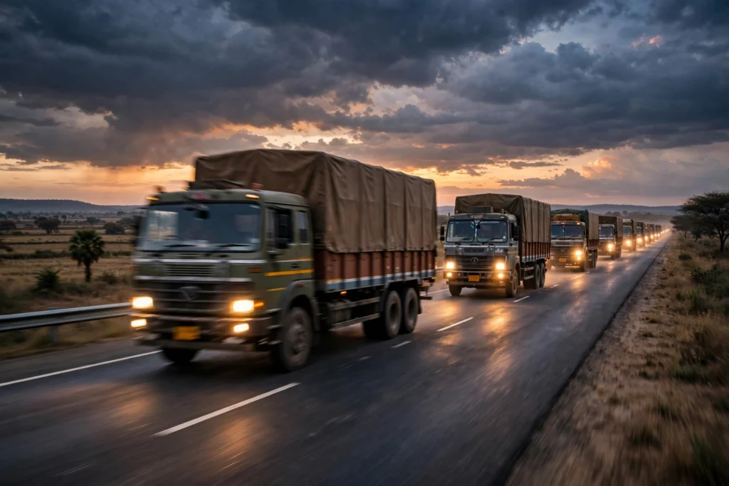 Commercial trucks on an Indian highway at dusk (AI-generated editorial image).