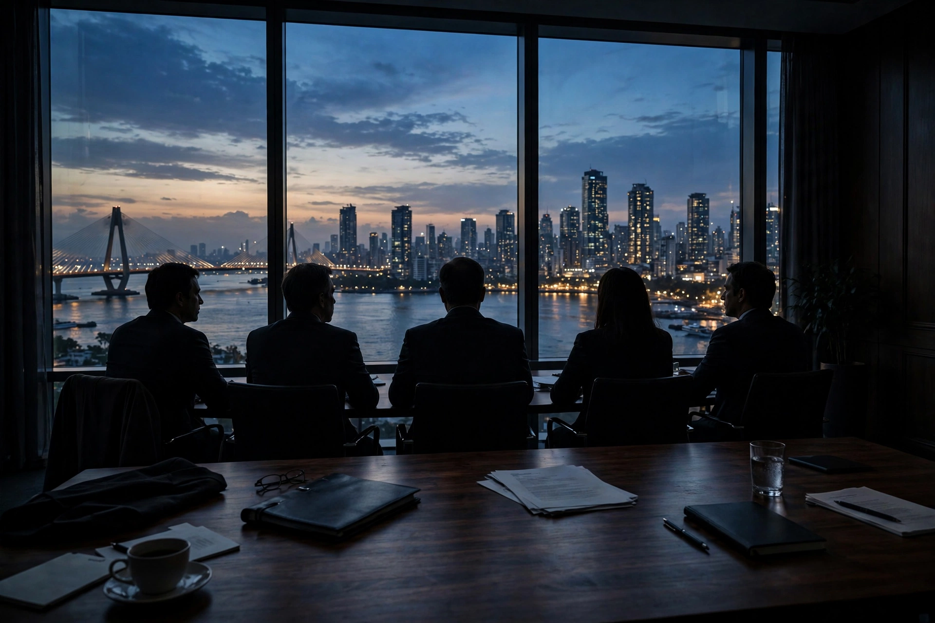 Boardroom silhouettes during a corporate meeting at dusk
