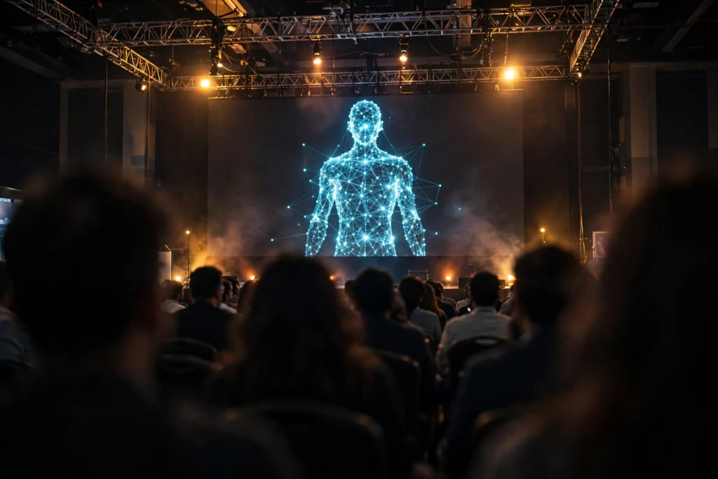 A large conference stage in Hyderabad with a glowing digital avatar on screen before an audience of developers, at DevFest 2026