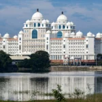 Dr B R Ambedkar Telangana State Secretariat in Hyderabad, across Hussain Sagar lake.