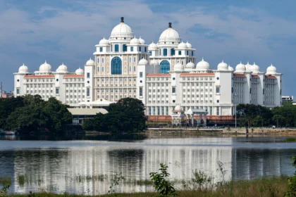 Dr B R Ambedkar Telangana State Secretariat in Hyderabad, across Hussain Sagar lake.