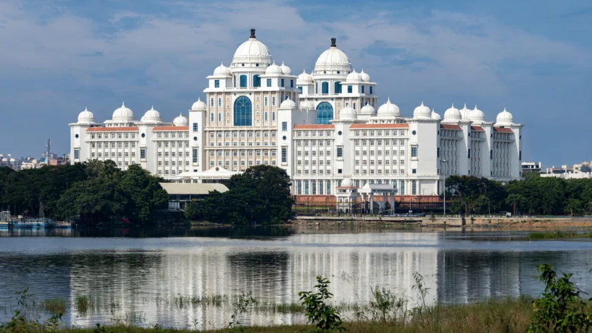 Dr B R Ambedkar Telangana State Secretariat in Hyderabad, across Hussain Sagar lake.