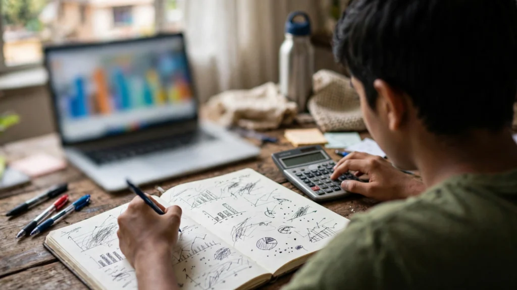 Aspirant studying statistics notes with a calculator and laptop showing charts.