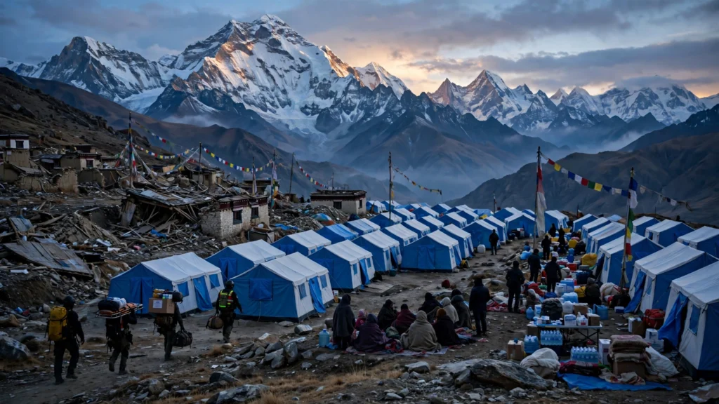 Emergency relief tents and rescue workers in Tibet after the Nagqu earthquake (AI-generated illustration)