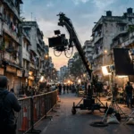 A film crew at work on a closed Mumbai street at dusk, with a camera crane and lighting rigs