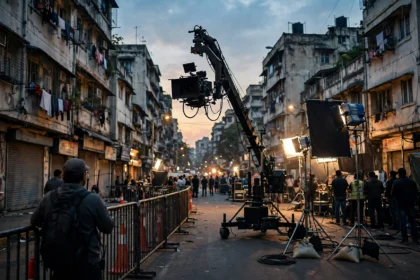A film crew at work on a closed Mumbai street at dusk, with a camera crane and lighting rigs