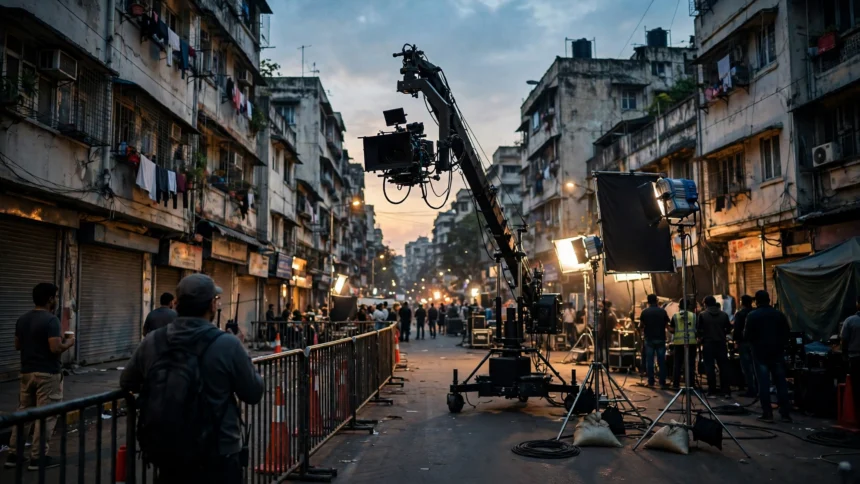 A film crew at work on a closed Mumbai street at dusk, with a camera crane and lighting rigs