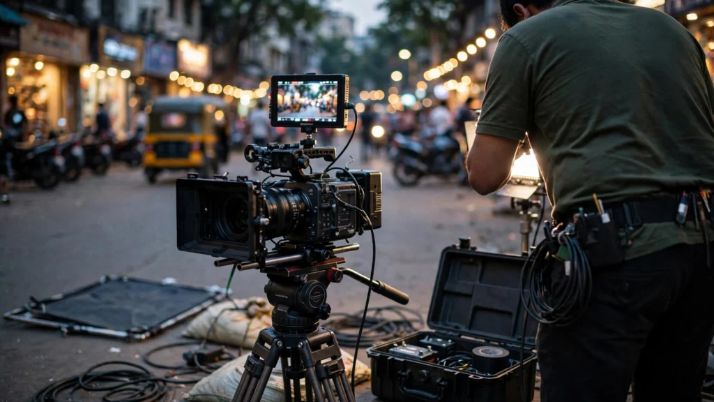 A cinema camera on a tripod on a Mumbai film set at dusk, with a crew member seen from behind