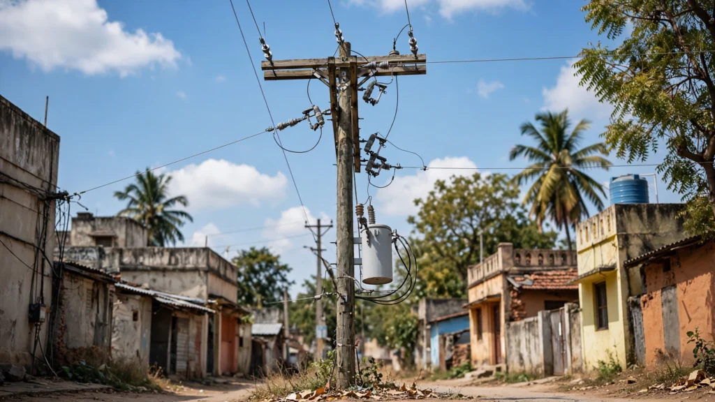 A utility pole with transformer and overhead power lines in a Tamil Nadu street, the kind of distribution network TNPDCL Field Assistants maintain.