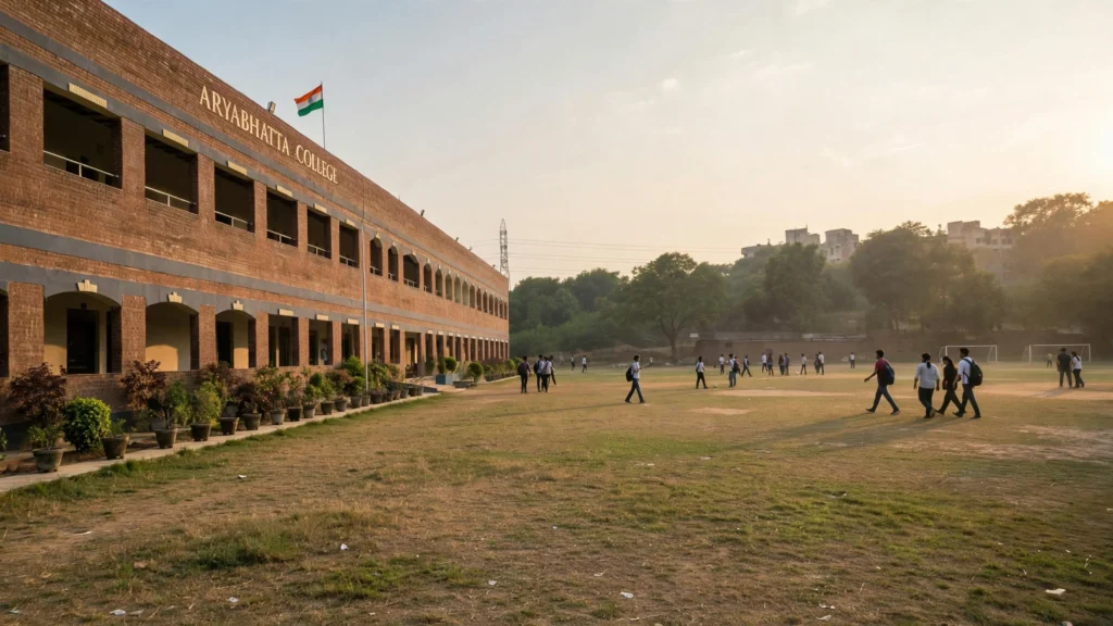 Students on a college sports ground in front of a Delhi college building.