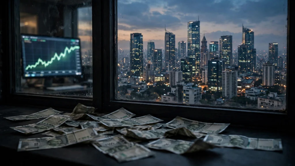 Mumbai financial district skyline at dusk with rupee notes and a market chart monitor