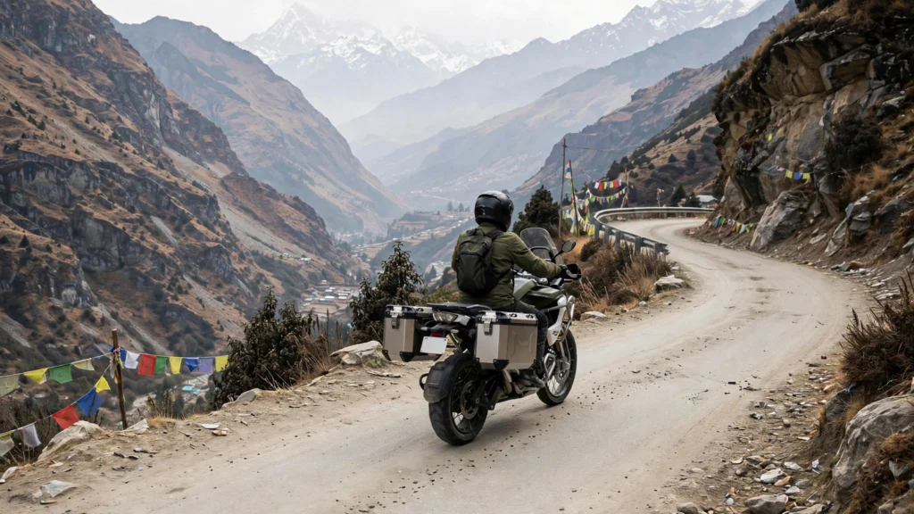 Triumph Tiger 1200 rider on a winding mountain road.