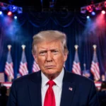 US President Donald Trump at a campaign rally. Photo: Daniel Torok / Wikimedia Commons (public domain); AI-generated background composite.