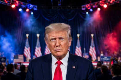 US President Donald Trump at a campaign rally. Photo: Daniel Torok / Wikimedia Commons (public domain); AI-generated background composite.