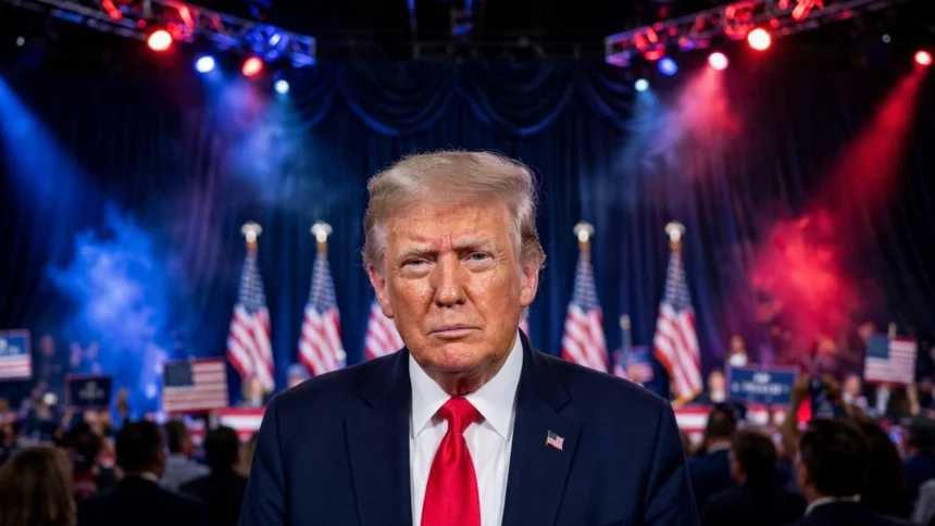 US President Donald Trump at a campaign rally. Photo: Daniel Torok / Wikimedia Commons (public domain); AI-generated background composite.