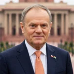 Polish Prime Minister Donald Tusk in New Delhi; photo: Gov.pl / Wikimedia Commons (CC BY 3.0 pl), background composite.