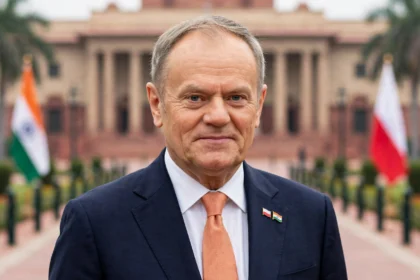 Polish Prime Minister Donald Tusk in New Delhi; photo: Gov.pl / Wikimedia Commons (CC BY 3.0 pl), background composite.