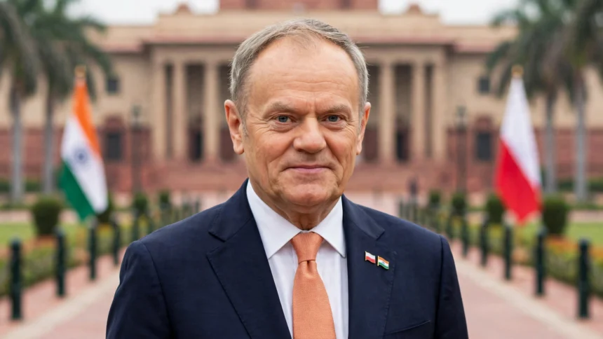 Polish Prime Minister Donald Tusk in New Delhi; photo: Gov.pl / Wikimedia Commons (CC BY 3.0 pl), background composite.