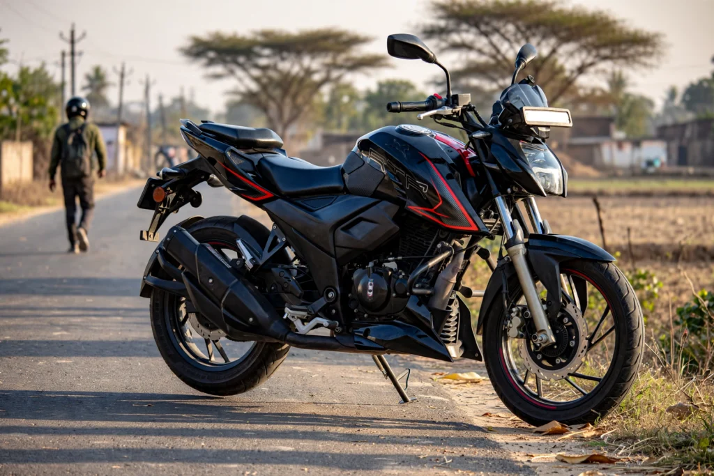 TVS Apache motorcycle parked on a roadside in India.