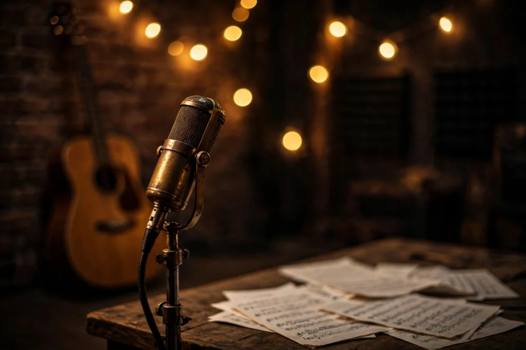Vintage microphone in a warm recording studio, evoking Arijit Singh's soulful Chann